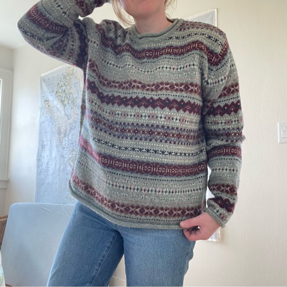 Eddie Bauer FairIsle Patterned Sweater in sage and maroon